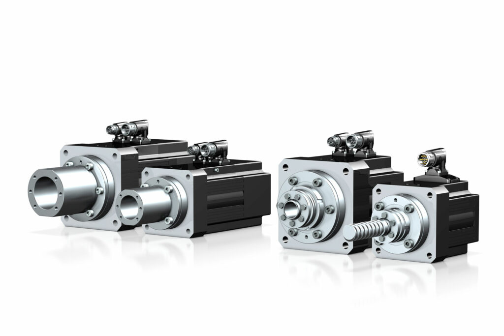 Compact STOBER synchronous servo motors for direct drive of a threaded nut with flange or for direct drive of a rotating threaded spindle.
